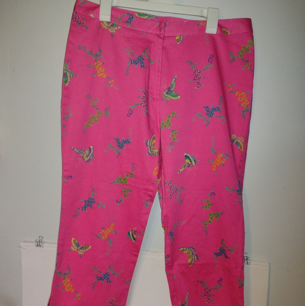 Live a Little Women's Pants Cropped Slze 14 Pink Butterfly 35x25 Straight Leg